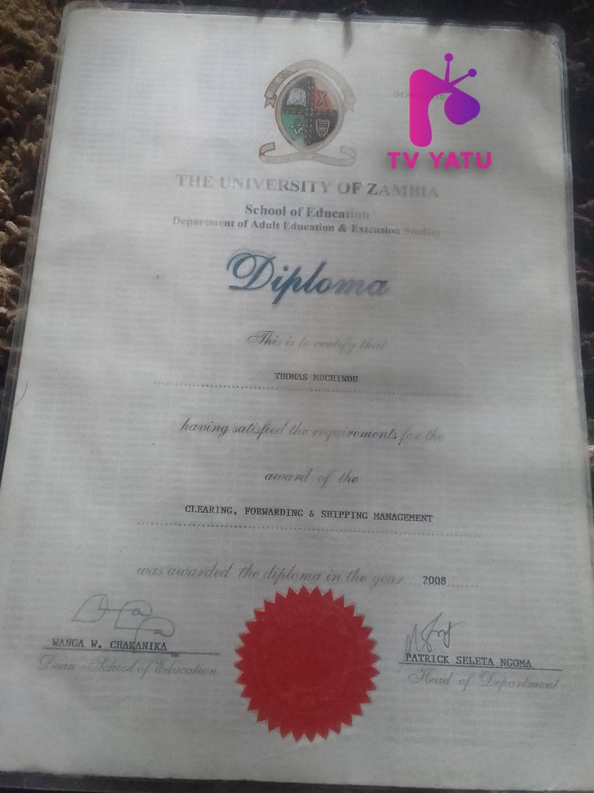 Thomas Muchindu&rsquo;s Diploma in Clearing and Forwarding obtained from the University of Zambia in 2008, a qualification he earned before joining the Zambia Police Service.
